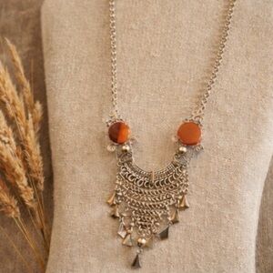 Vintage Peruvian Artisan Carnelian Stone Silver Statement Necklace